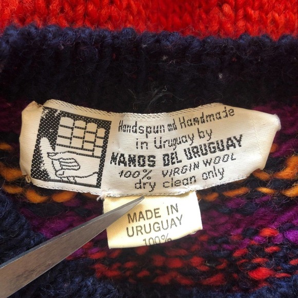 Vintage Wool Sweater Made in Uruguay Hand Knit Fair Isle Pullover - Picture 3 of 9